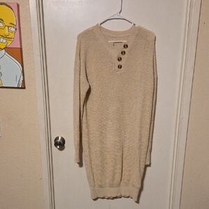 Cream Knit Sweater Dress with Button Detail